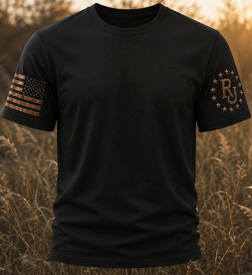 Black Robbie Jordan official tee featuring copper RJ and American flag sleeve artwork
